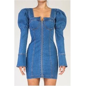 Puff Sleeve Zip Up Denim Jean Dress